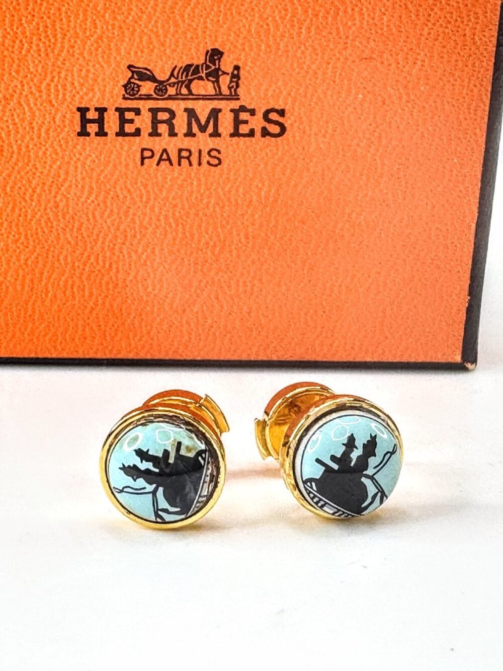 Vintage Hermès Paris Blue Equestrian Enamel Gold-Tone Pierced Earrings Box GS836